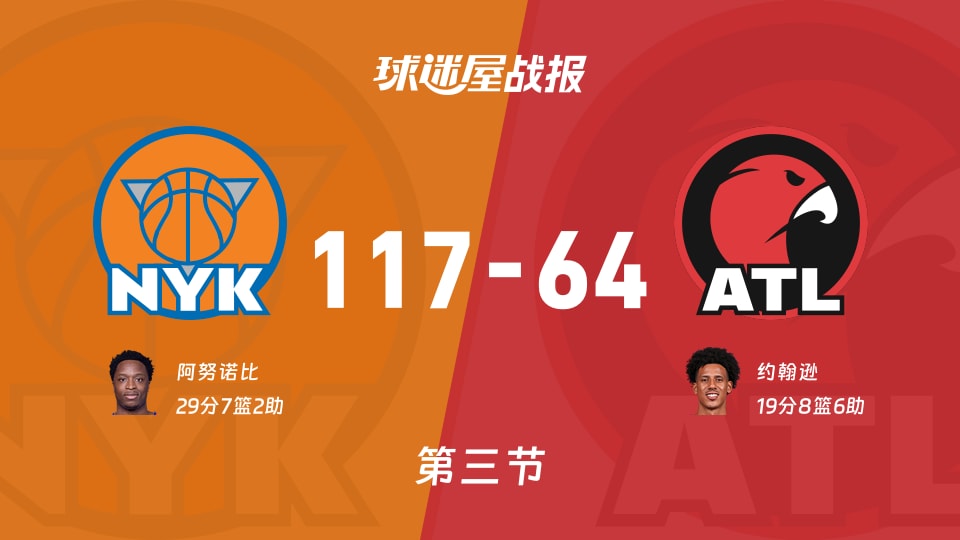 NBA东部第一轮：尼克斯三节领先老鹰53分，阿努诺比得到29分，约翰逊得到19分
